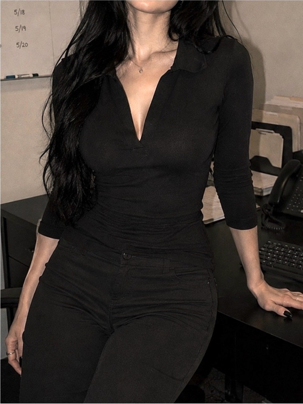 Women's Gothic Office Black Collared V-Neck Mid Sleeve Top